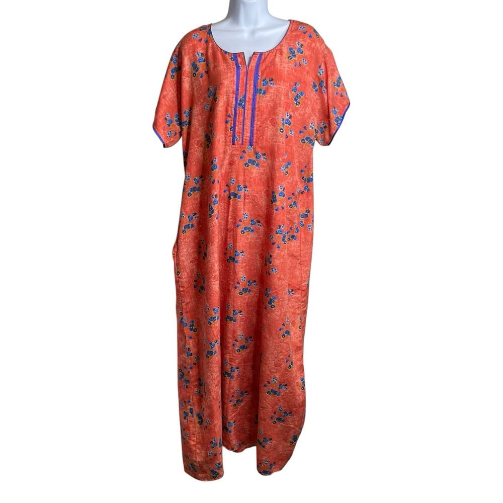 Nidhra‎ Women's Orange Floral Caftan Maxi Dress Size XL Loungewear Boho Fairy